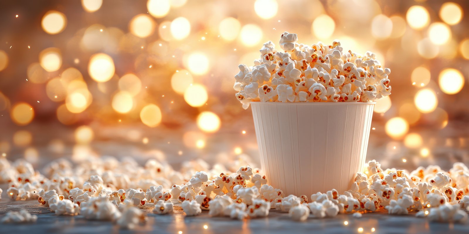 Popcorn overflowing from a white container with a warm, sparkling background creating a festive atmosphere